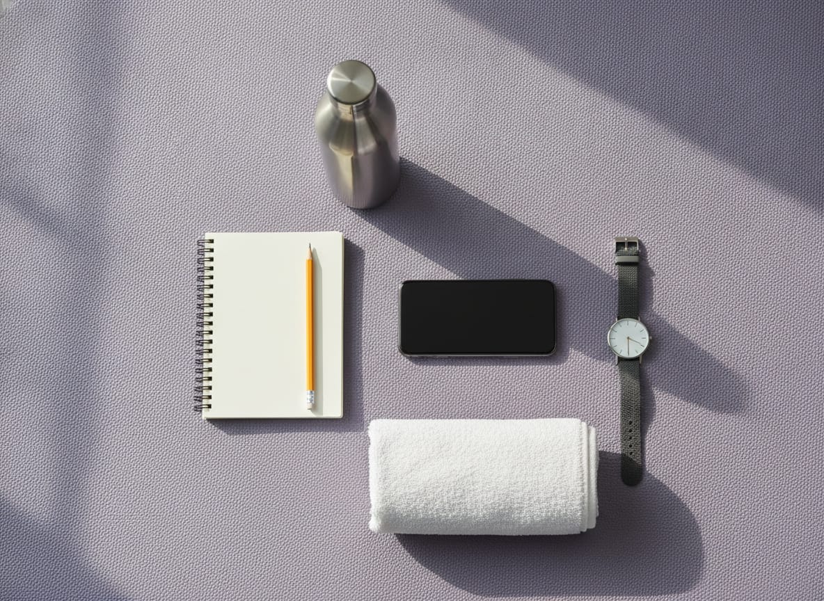 Top-down flat lay on a lavender-grey exercise mat in soft morning window light: a smartphone lying face-down, a small sp