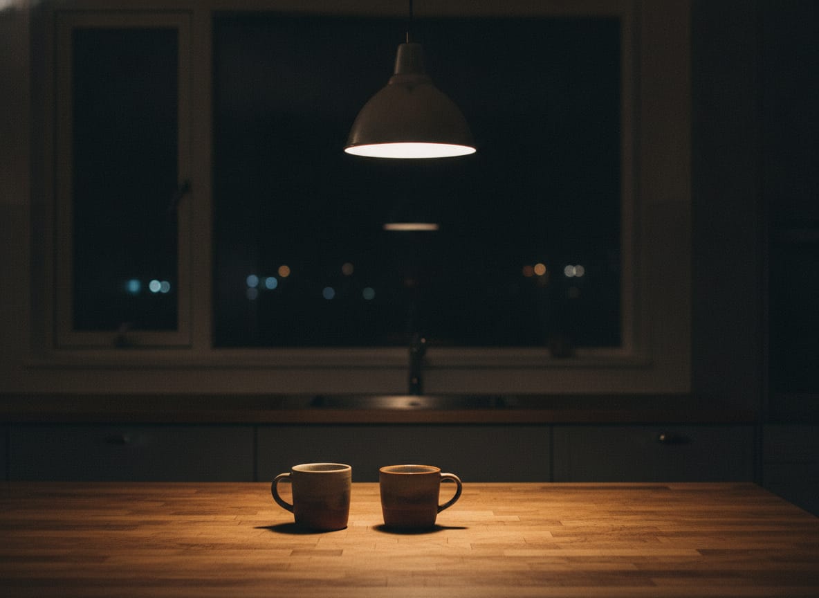 A quiet home kitchen late at night lit by a single warm pendant lamp, two empty ceramic mugs side by side on a wooden co