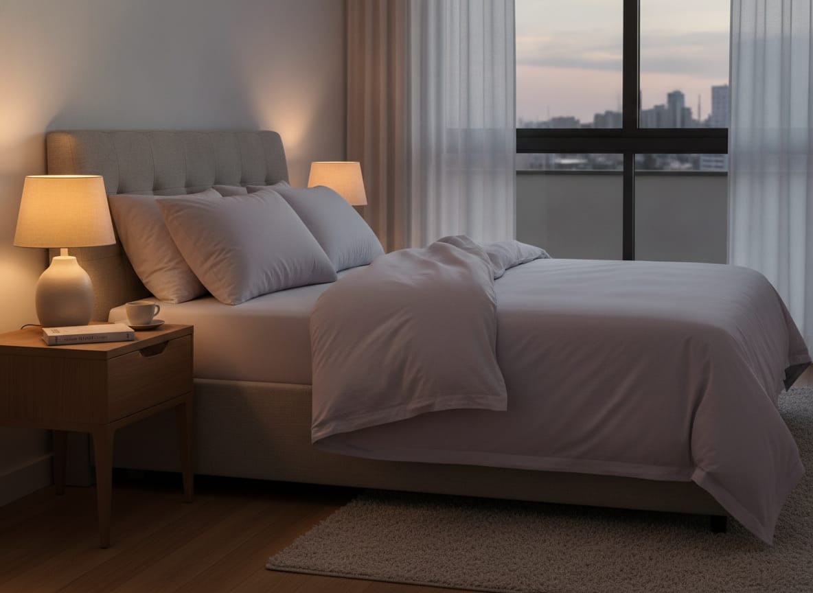 A calm bedroom at dusk with a neatly made double bed in soft lavender linen, the duvet turned down, two pillows, a warm 